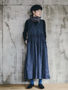 🆕 Fog Linen Work Boel Apron Dress Reversible Recycled Wool Linen Navy Denim OS